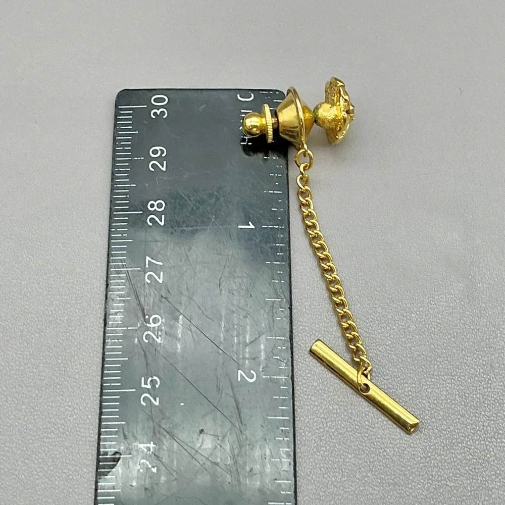 Vintage Gold Tone Tie Pin Flower Rhinestone Tie Tack Chain Bar Men's Accessory